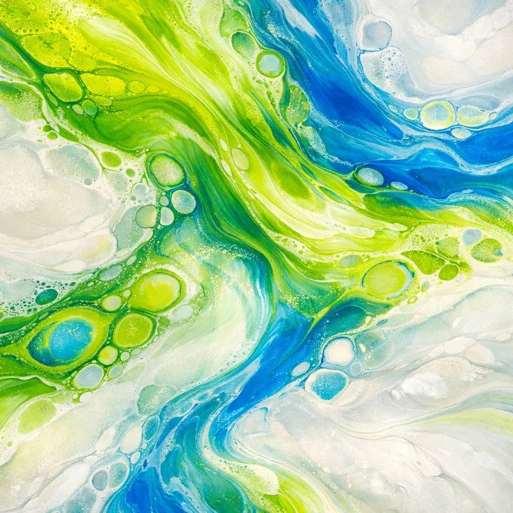 Vibrant green and blue abstract art representing the flow of life transitions